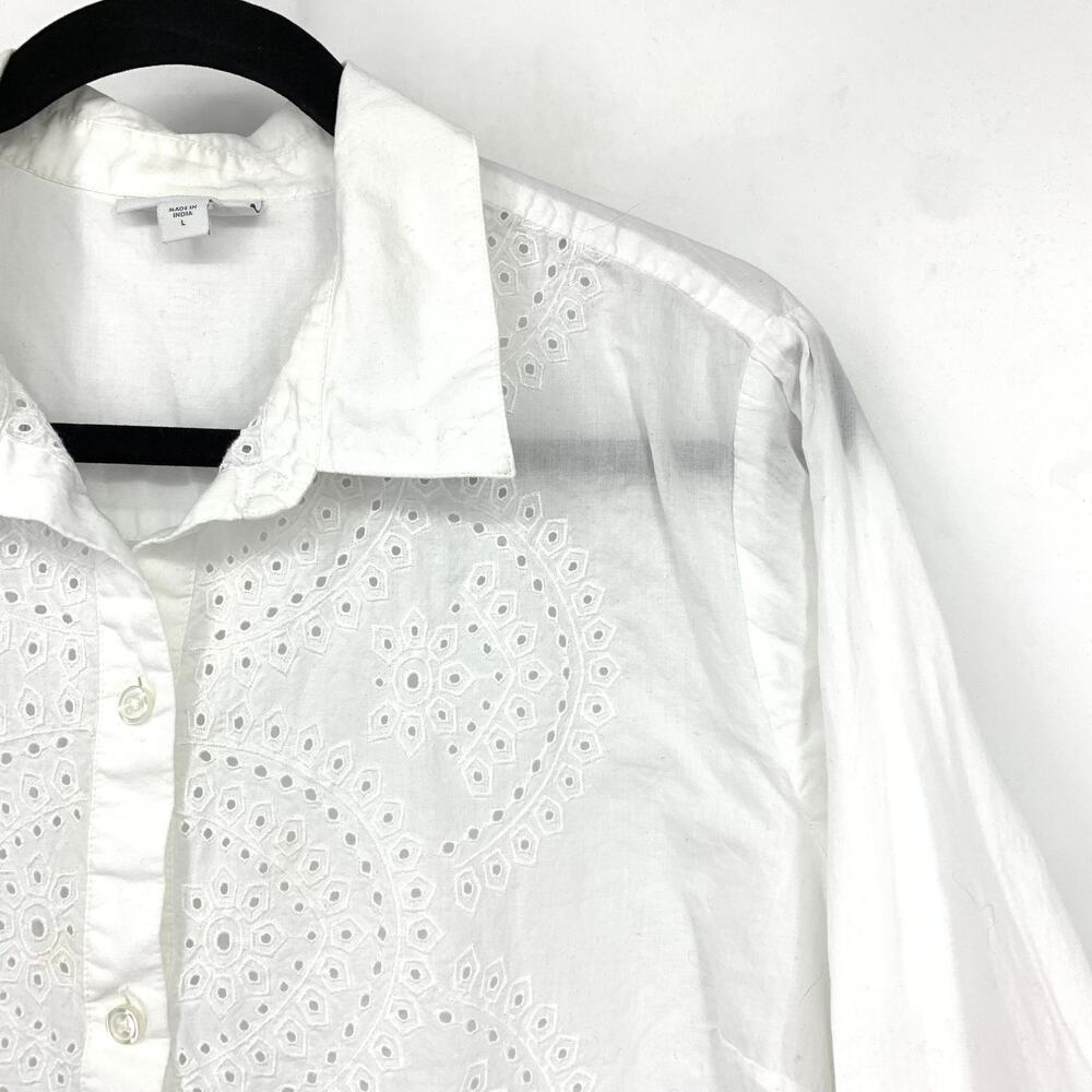 J Jill White Eyelet Embroidered Button Front Blouse Womens Large Cotton Boho Top - Picture 3 of 6